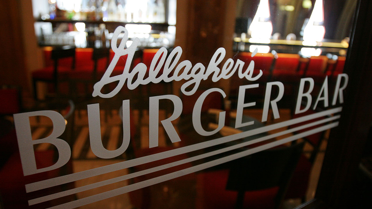 window sign at gallaghers burger bar